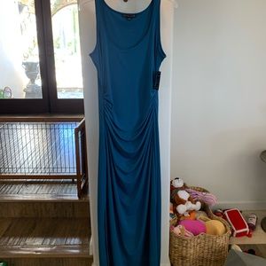 Boston Proper size S teal long poly spandex maxi dress w side ruching